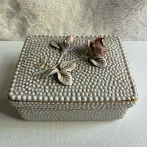 VTG MCM 1950s Thames Hand Painted Pink Rose Textured Trinket Box